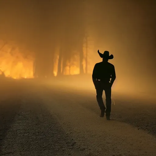 Prompt: a silhouette of a man wearing a cowboy hat walking down a dusty road at dusk away from a forest engulfed in a towering inferno