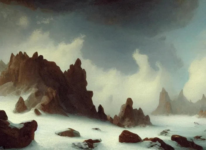 Image similar to earth after the cretaceous – paleogene extinction event, a harsh winter cools down the earth, blizzards envelop the lands and barely any sunlight gets through the thick dust clouds, dark skies, thick snow in the style of hudson river school of art, oil on canvas