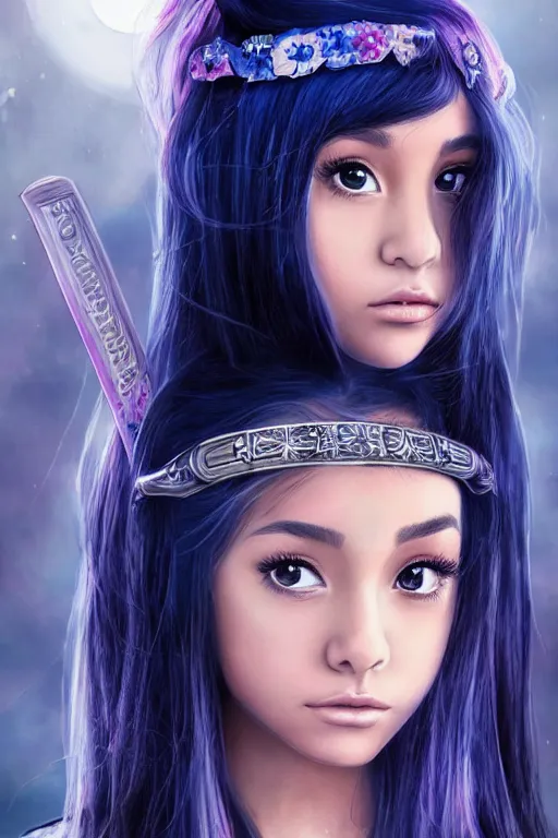 Image similar to highly detailed beautiful photo of blend of ariana grande and madison beer, as a young female samurai, practising sword stances, symmetrical face, beautiful eyes, cobalt blue hair, realistic anime art style, 8 k, award winning photo, pastels colours, action photography, 1 / 1 2 5 shutter speed, sunrise lighting