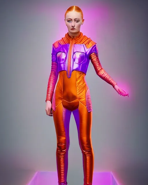 Image similar to full body shot of sophie turner dressed in orange purple futuristic cyberpunk clothing, soft diffused light, bjork aesthetic, translucent, by rineke dijkstra and artgerm, intricate details, highly detailed, masterpiece, 8 5 mm