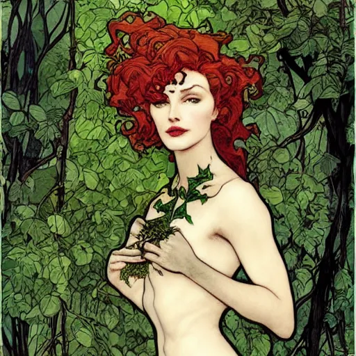 Image similar to a beautiful painting of professor poison ivy, botany, dark eyeliner, intricate, elegant, highly detailed, digital painting, artstation, concept art, matte, sharp focus, illustration, art by rebecca guay and by arthur rackham and by alphonse mucha and by john william waterhouse