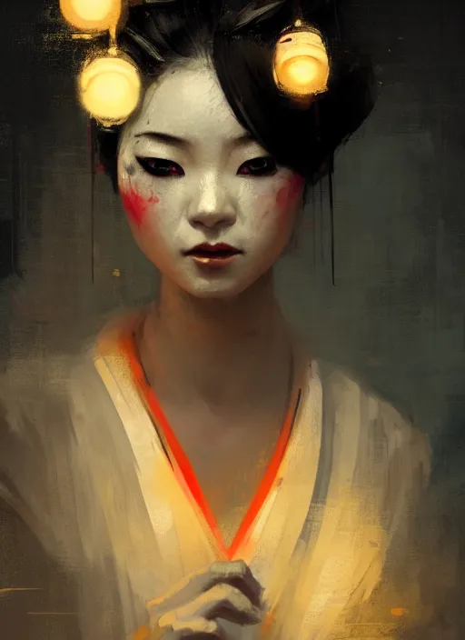 Image similar to female geisha girl, beautiful face, neon, rule of thirds, intricate outfit, spotlight, by greg rutkowski, by jeremy mann, digital painting