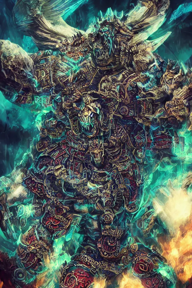 Image similar to Final boss beast muscular overpowered with mayan clothes and gold jewelry, Xibalba in underworld the background, in the style of Z.W. Gu from trending on artstation, HD, Octane render, smooth, sharp focus, Anime style