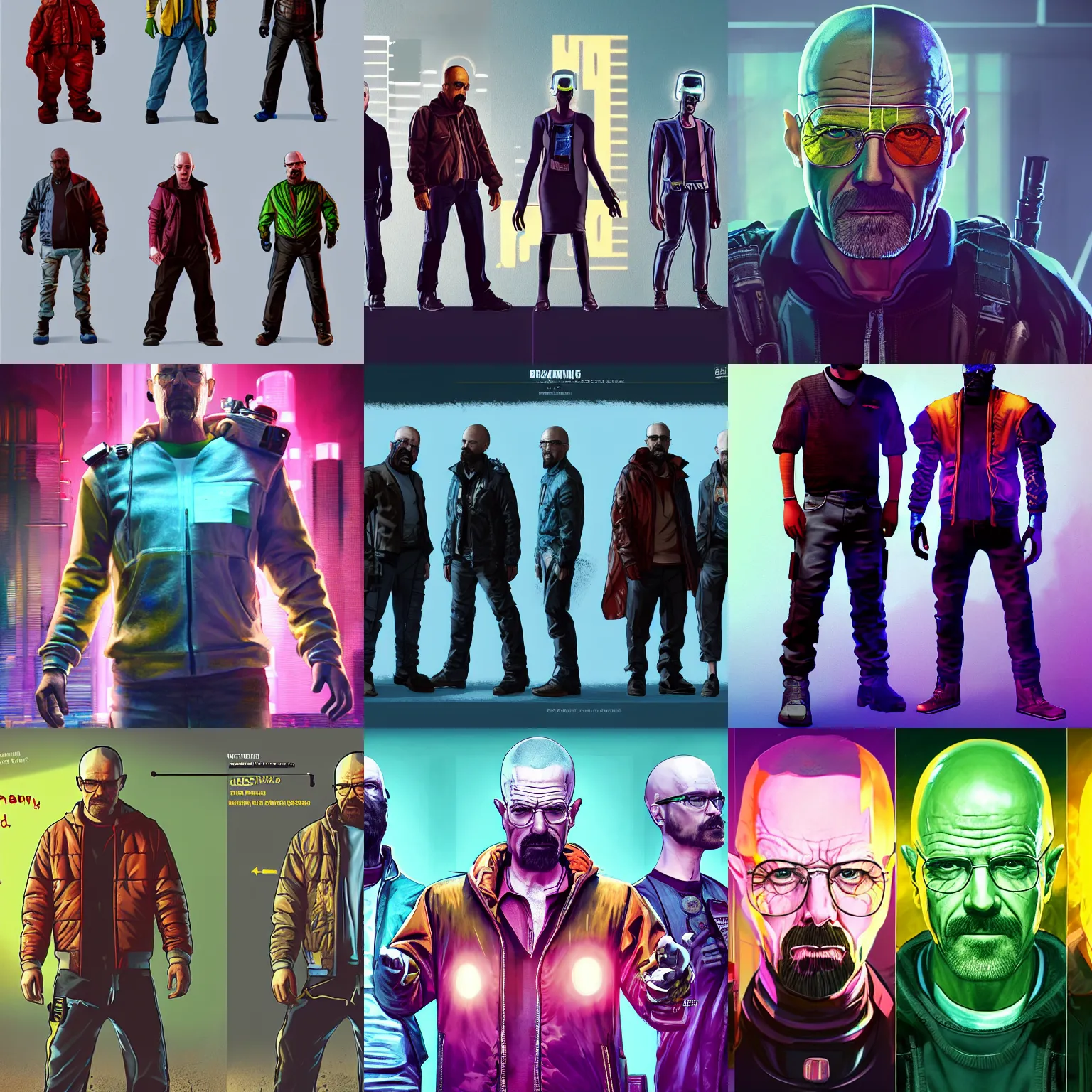 Prompt: characters from breaking bad wearing sci-fi cloths, cyberpunk 2077, ps5, unreal engine, artstation, cmyk lighting, concept art, hand brush, 8k, highly detailed