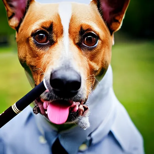 Prompt: a high detail closeup photograph of a dog wearing a suit 👔,and smoking a cigarrette🚬, award wining photograph, digital art