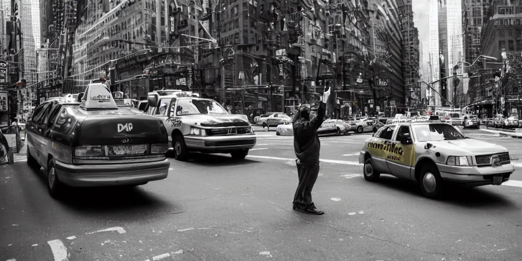 Image similar to spongebob hailing a taxi in manhattan, shallow depth of field, canon eos r 3