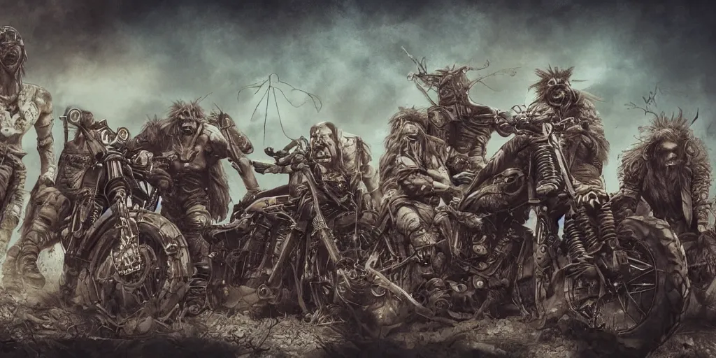 Prompt: psychedelic post apocalyptic orcish biker gang, incredibly detailed, sharp focus, artstation, cgsociety