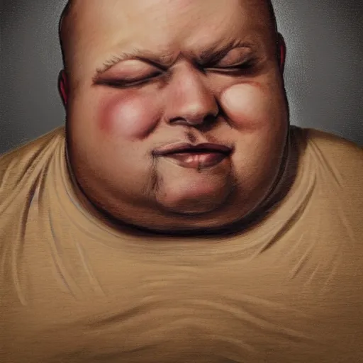 Prompt: a highly detailed portrait of a balding obese man with horrible skin wearing a dirty shirt, 8 k, 4 k, highly detailed, sharp