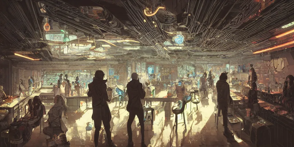 Image similar to Highly detailed realistic photo of interior design in style of minimalism by Hiromasa Ogura and Josan Gonzalez of detailed cyberpunk tavern with stone walls and neon lights, a lot of electronics and people, many details. Natural white sunlight from the transperient roof.