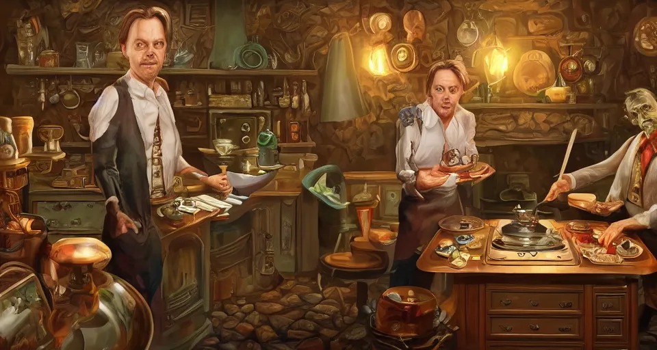 Image similar to a close - up of steve buscemiin a vintage magical kitchen, with a fireplace in the background d & d, fantasy, intricate, elegant, digital painting, artstation, concept art, smooth, sharp focus, sticker illustration