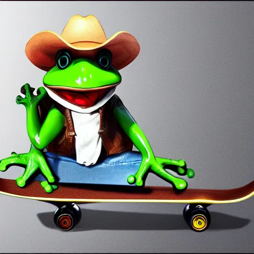 Image similar to a frog wearing a cowboy hat and riding a skateboard, award winning, trending on artstation, unreal engine