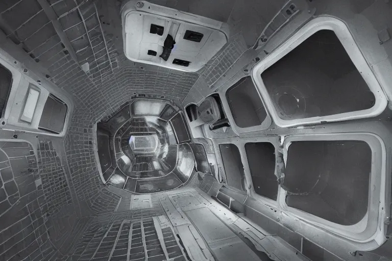 Image similar to small personnel quarters inside rocket ship with gray metallic factory engine walls and small window looking into space, details, sharp focus, intricate, high definition, movie set, retro, 1970s, 1980s, sci-fi, digital Art, 3D, realistic photograph, lucasfilm, stanely kubrick