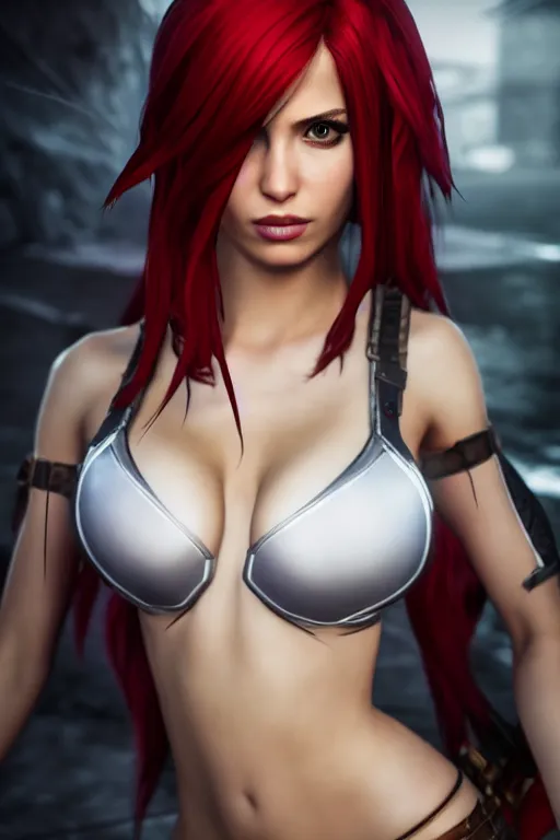 Image similar to Katarina from League of Legends, photorealistic full body, studio lighting, white ambient background, unreal engine 5, hyperrealistic, highly detailed, realistic