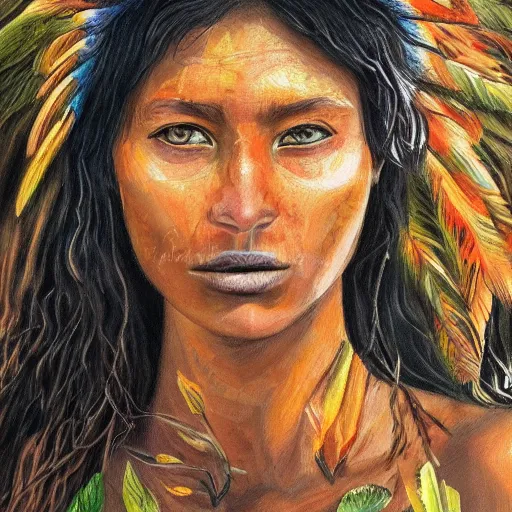 Prompt: painting of a native amazon forest girl. highly detailed, dramatic lighting, intense shadows, rich deep colours, by virginia vezzi