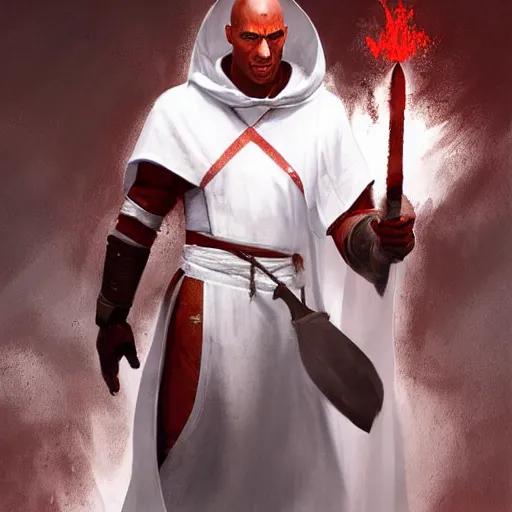 Prompt: a portrait of a red - skinned dragonborn monk with draconic face, in a plain white monk's robe white robe, holding a long spear with a black tip, fantasy art by greg rutkowski