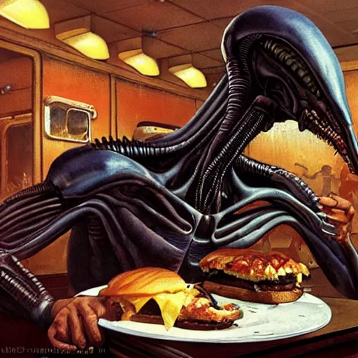 Image similar to alien xenomorph eating a cheeseburger, at a 5 0 s diner, painted by norman rockwell, greg rutkowski, john howe, wlop, artgerm