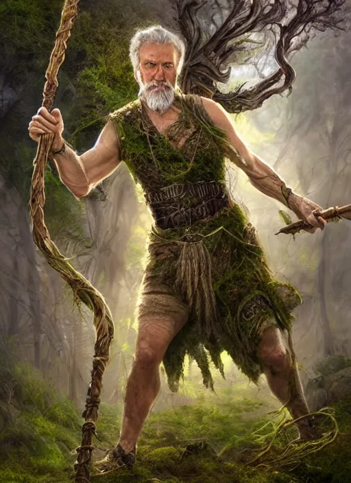 Prompt: a relaxed male middle aged druid in a sleeveless west, short brown hair, stringy, wielding a long staff which is covered in moss, full body, 8 k, hyperrealistic, hyperdetailed, fantasy portrait by laura sava