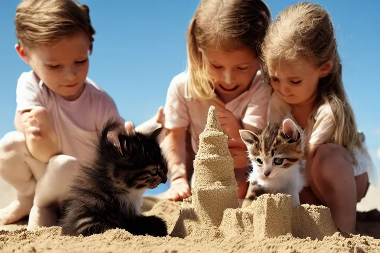 Image similar to two kittens and two children touching a sand castle