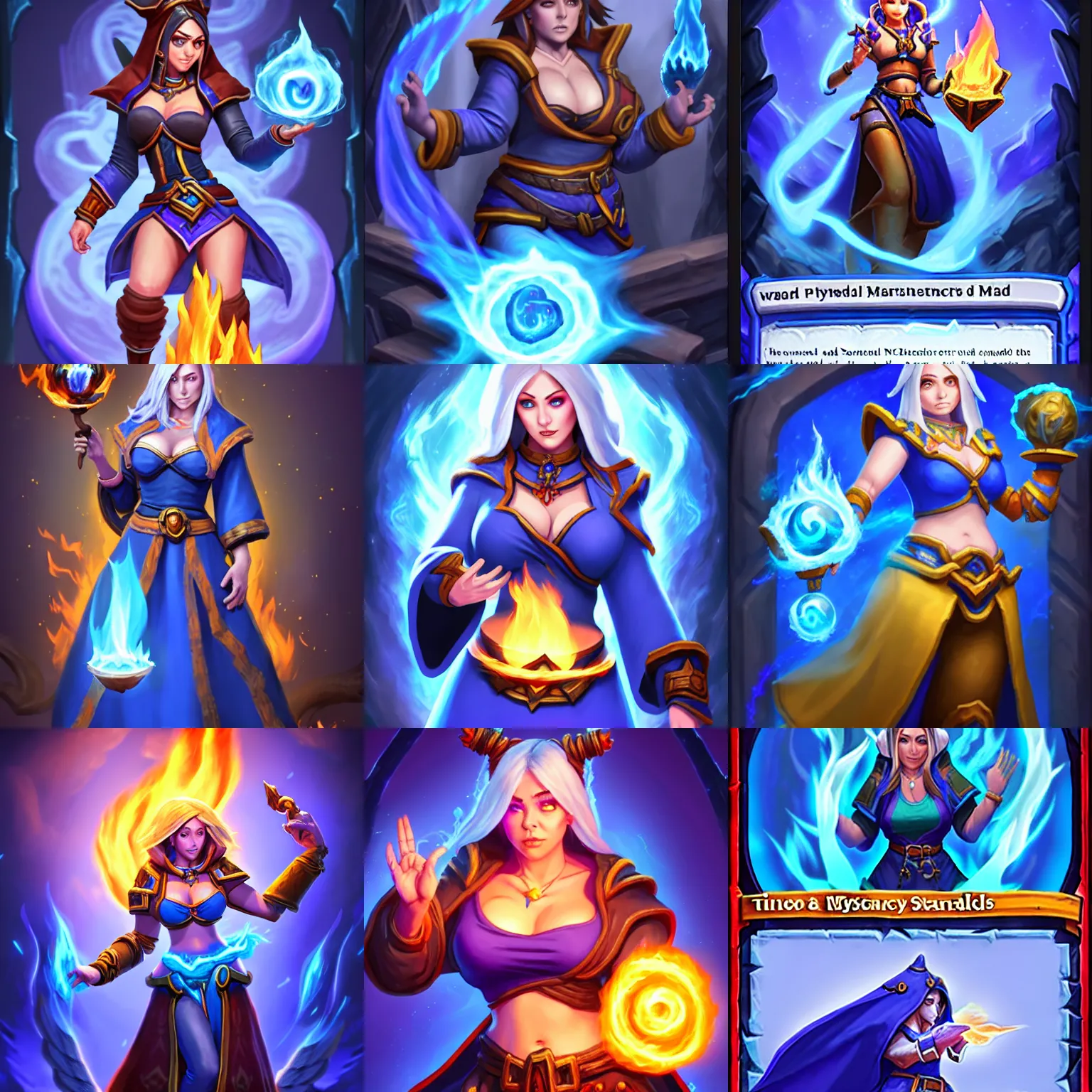 Prompt: IMPORTANT PHYSICAL : tinyest midriff ever, largest haunches ever, fullest body, small head, SFW huge breasts; Who : a female mage with a blue robe casting a fire spell; ATTENTION : Hearthstone official splash art, SFW, perfect master piece, award winning