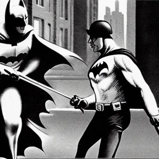 Prompt: old black and white photo, 1 9 2 5, depicting batman fighting a mafia boss in an ally of new york city, rule of thirds, historical record