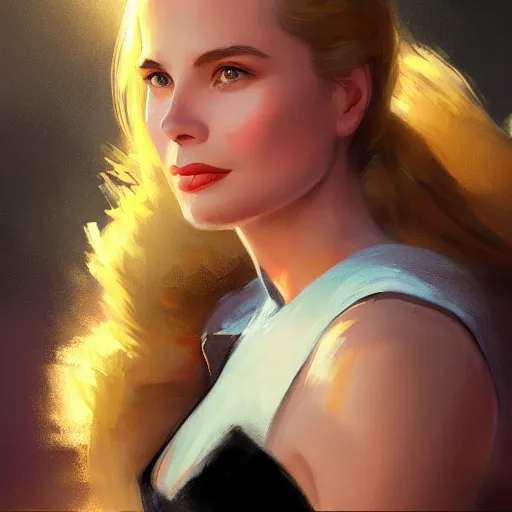 Prompt: a closeup portrait of a grace kelly, dramatic light, city background, sunset, dark, painted by stanley lau, painted by greg rutkowski, painted by stanley artgerm, digital art, trending on artstation