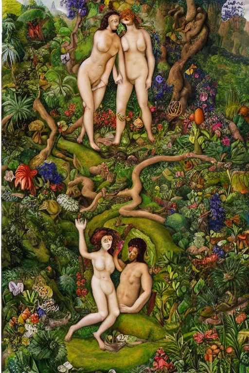Prompt: Eden Garden, Adam and Eve, faces closeup, ultra detailed, fruit trees, flowers on the grass, Joseph Barrias style