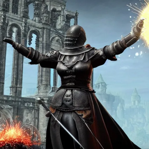 Prompt: Angela merkel praising the sun in Dark Souls 3