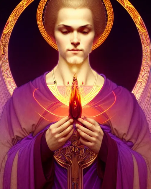 Image similar to symmetry portrait of saint germain and a violet flame, intricate, elegant, highly detailed, digital painting, artstation, concept art, smooth, sharp focus, illustration, art by artgerm and greg rutkowski and fra angelico and alphons mucha