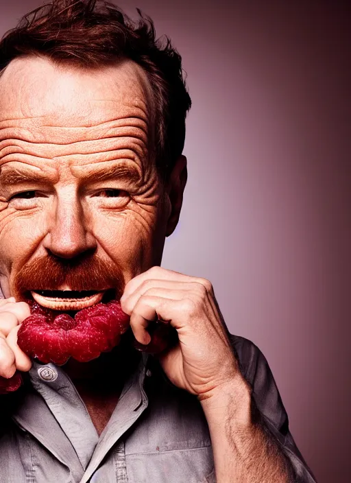 Image similar to bryan cranston bulging cheeks eating cranberries, open mouth filled with cranberries, studio light, bloom, detailed face, magazine, press, photo, steve mccurry, david lazar, canon, nikon, focus