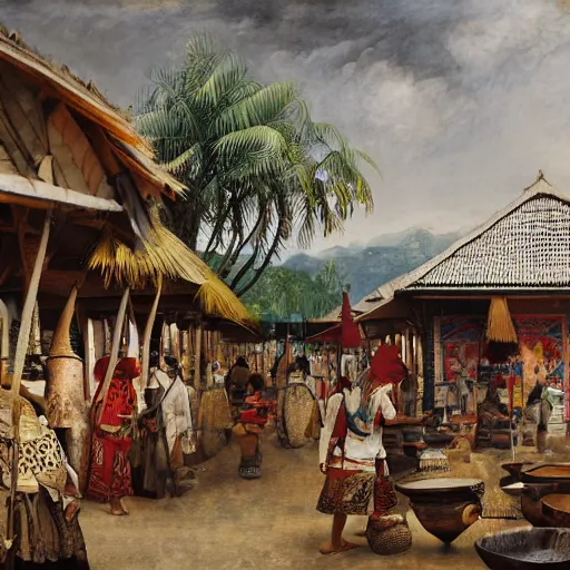 Image similar to architectural painting of Indonesian Maori Tlingit bazaar, by Bruegel and Greg Rutkowski and Nathan Jackson