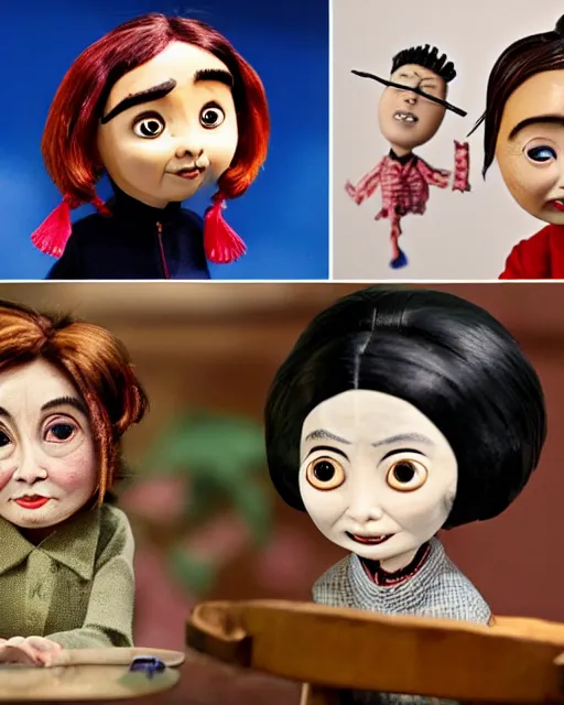Prompt: nancy pelosi and xin jinping as a highly detailed stop motion puppets, in the style of laika studios ’ s paranorman, coraline, kubo and the two strings shot in the style of annie leibovitz