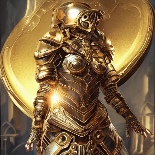 Prompt: armored girl holding a golden shield embroiled in intricate details, concept art