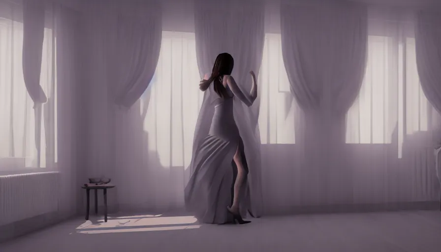 Image similar to woman wearing a gown dancing in her bedroom at night, very detailed, artstation, soft lights, sharp focus, 8 k, unreal engine, heavy grain, fine facial features