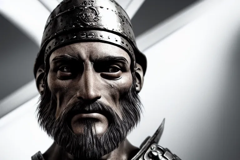 Image similar to still photo of 8 th century war man looking at the camera, black and white color aesthetic, highly detailed, photorealistic portrait, bright studio setting, studio lighting, crisp quality and light reflections, unreal engine 5 quality render
