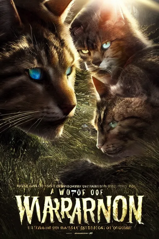 Image similar to a movie poster for warrior cats, depth of field, sun flare, hyper realistic, very detailed, backlighting, cgi