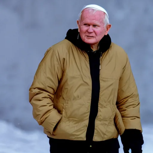 Image similar to john paul ii standing in a black puffed nuptse, black cargo pants and high black boots