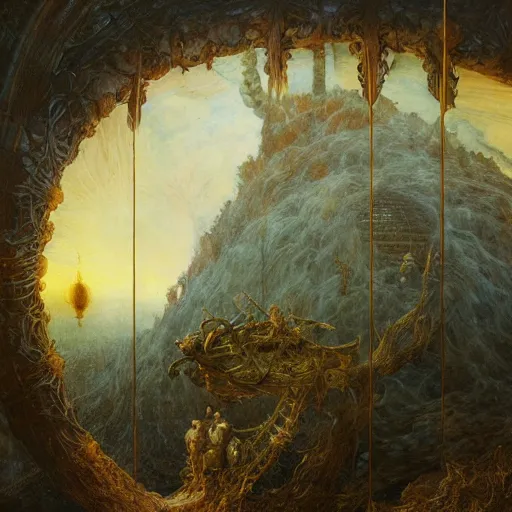 Prompt: Ellen Jewett, beautiful surreal palatial grain at dawn, gustave dore, ferdinand knab, Sandro Botticelli