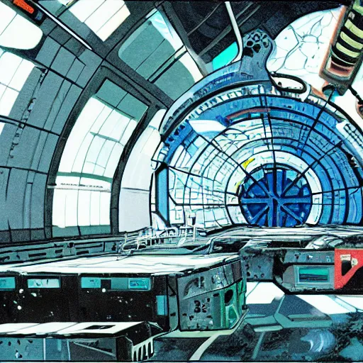 Image similar to inside an abandoned space station Ridley Scott style gouache