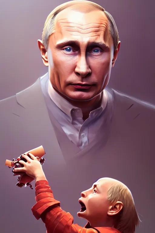 Image similar to a highly detailed beautiful portrait of Vladimir Putin playing with toys, highly detailed, 2d game fanart behance hd by Jesper Ejsing, by RHADS, Makoto Shinkaih and Lois van baarle, ilya kuvshinov, rossdraws global illumination, cinematic, hyper-realistic, depth of field, coherent, high definition, 8k resolution octane renderer, artstation