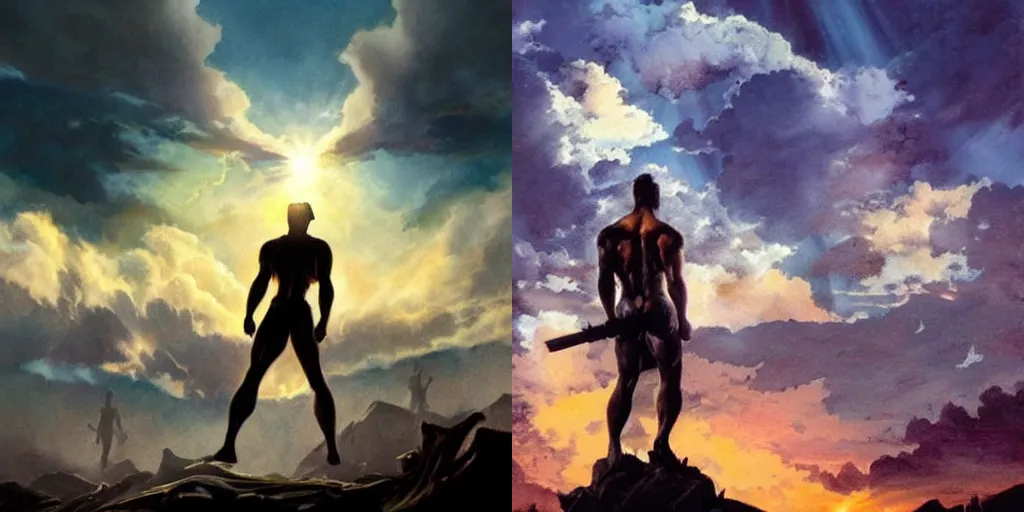 Prompt: dramatic sunset and dramatic sky , backlight lone muscular man in the middle looks at the sun , painting by frazetta, low angle perspective, postapocalyptic panorama.asthetics !