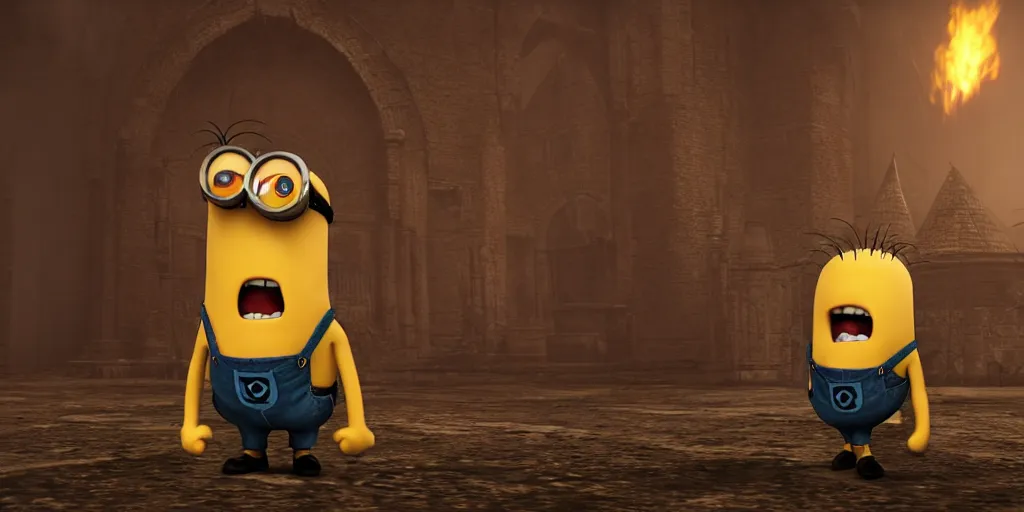 Image similar to minion as a darksouls boss, horror, hd, screenshot,