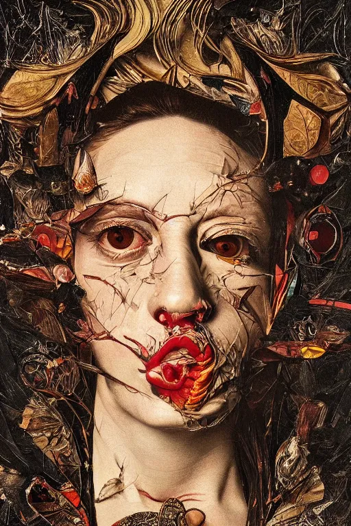 Image similar to Detailed maximalist portrait with large lips and with large eyes, angry expression, HD mixed media, 3D collage, highly detailed and intricate illustration in the style of Caravaggio, dark art, baroque