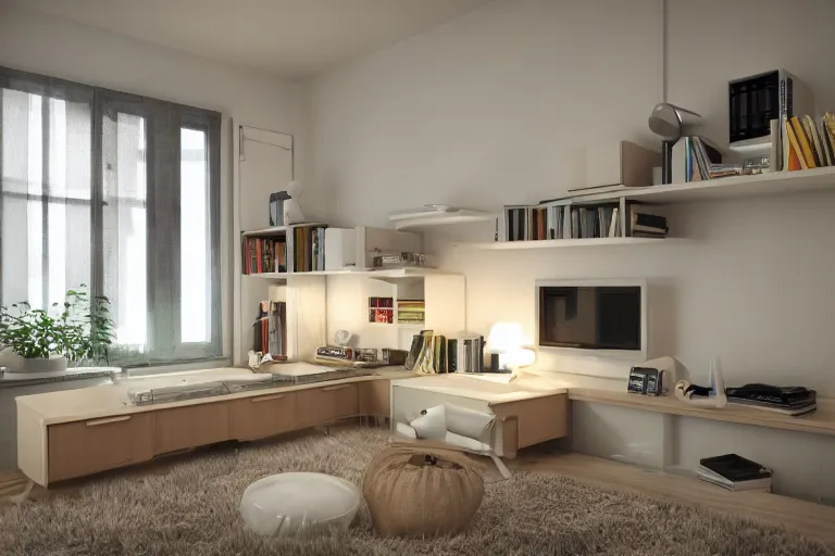 Prompt: cozy bauhaus room interior design with computer