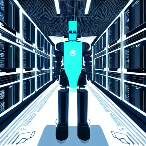 Image similar to hyperrealism stock photo of highly detailed stylish robot in futuristic sci - fi style by vincent di fate in the detailed data center by laurie greasley and mike winkelmann