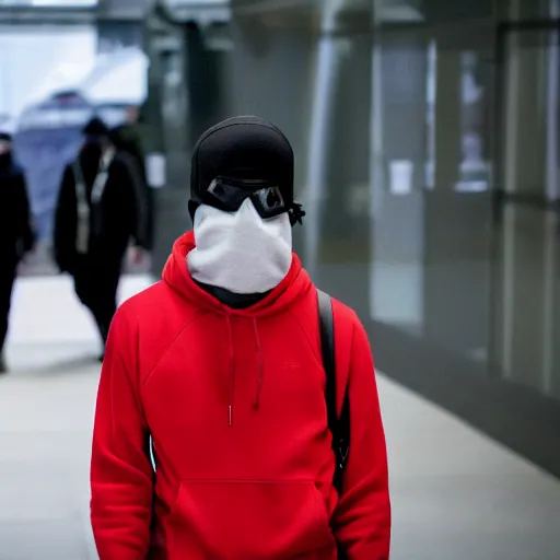 Prompt: a hacker walking into an interview wearing a ski mask.