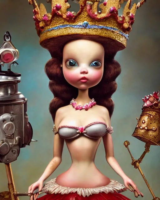 Image similar to highly detailed closeup, face profile portrait of a tin toy fairytale princess wearing a crown eating cakes, bikini, unreal engine, nicoletta ceccoli, mark ryden, earl norem, lostfish, global illumination, detailed and intricate environment