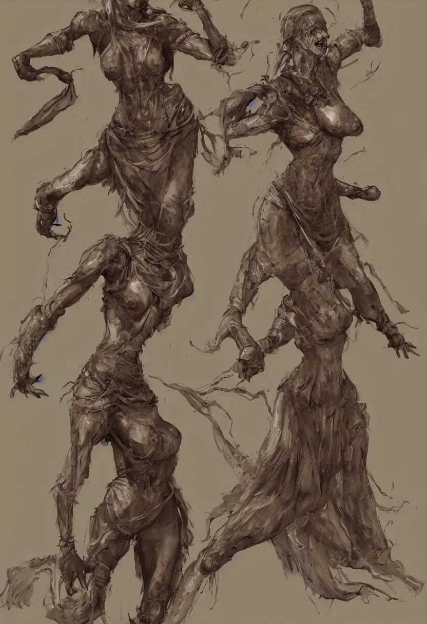Prompt: callipygian well shaped female ghost fighting a mummy, confident pose, coherent, insane detail, concept art, character concept