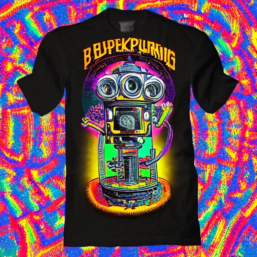 Image similar to mockup of a black tshirt with a hyperdetailed portrait of a steampunk robot by robert crumb, 8 k, symetrical, flourescent colors, happy trippy mood, multicolored,