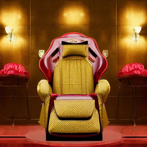 Prompt: a luxury vip golden toilet gaming chair with red hibiscus embossed into the material, the toilet is shiny, varying art styles, varying locations, varying angles