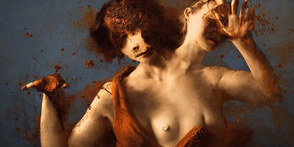Image similar to highly detailed photography of a woman made of rust clay and ember, rocks, hand gesture, sharp focus, dust particles, dirt, dramatic scene, aesthetic, dynamic lighting, elegant, harmony, masterpiece, by roberto ferri, blue background, high quality, spatula